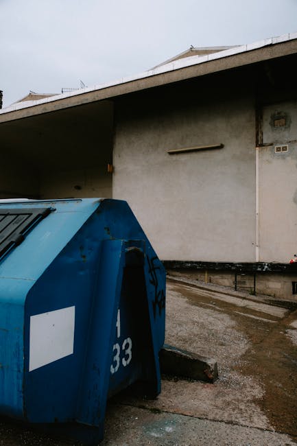 A large blue wheelie bin made of durable plastic with a textured surface, positioned on a paved area beside a building in an outdoor setting. The bin has a black handle on the lid and black markings o